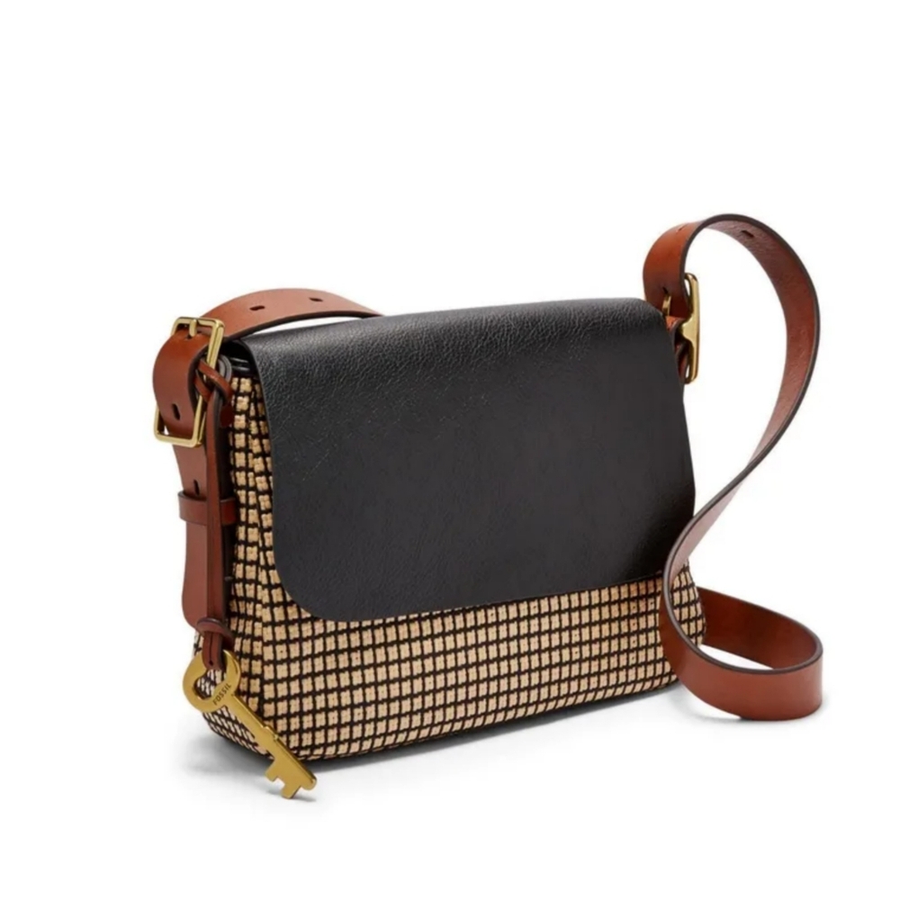 Fossil Harper Small Leather Flap & Strap Plaid Fabric Crossbody Bag